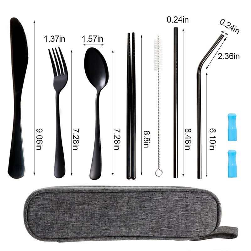OASMU Travel Utensils Set with Case Reusable Portable Cutlery Set Stainless Steel 8pcs Including Dinner Knife Fork Spoon Chopsticks straws(Black) - Image 3